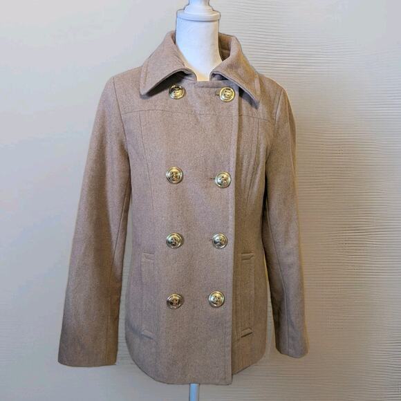 Calvin Klein Classic Style Wool Pea Coat Double Row Gold Tone Buttons Women Sz 4 - Picture 1 of 15